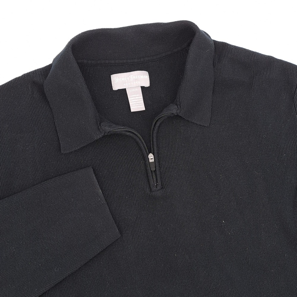 Hickey Freeman Quarter Zip Polo Sweater Mens Large Rayon Blend Black Ribbed Knit